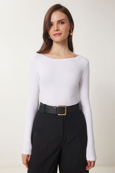 Lovelyİstanbul Basic Knitted Blouse - Boat Neck, White Lus0071