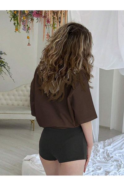 Benisengiydir Women's Brown Double Ribbon Printed Crew Neck Tshirt