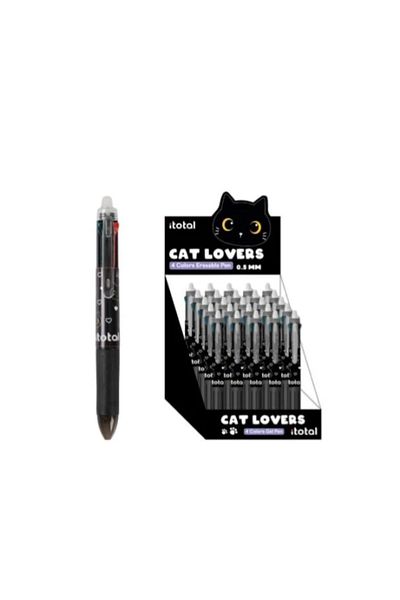 ITOTAL Multicolor erasable pen with retractable mechanism, 4 colors, with black kitty design