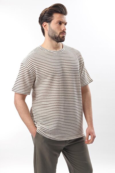 Madmext Ανδρικό μπλουζάκι καφέ Crew Neck Cotton ριγέ E7121