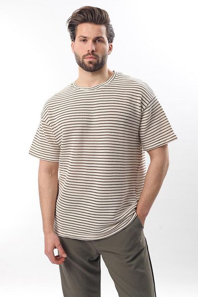 Madmext Ανδρικό μπλουζάκι καφέ Crew Neck Cotton ριγέ E7121