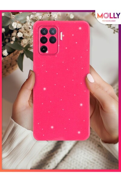Molly Oppo Reno 5 Lite için neon pembe Berry Simli Parlak Silikon Kılıf