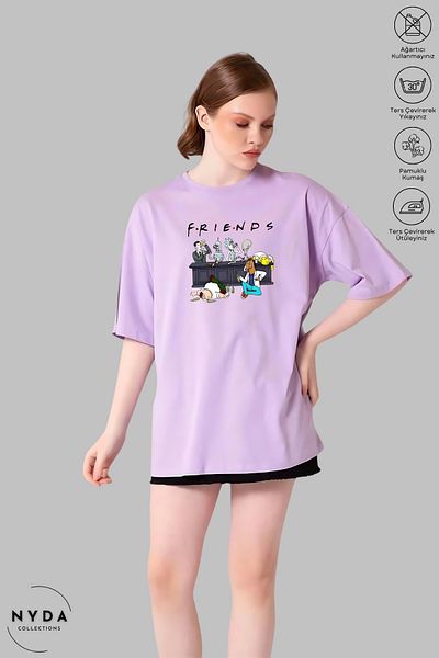 Nyda Collections Unisex Crew Neck Ricky Friends εμπριμέ βαμβακερό μπλουζάκι με κοντό μανίκι