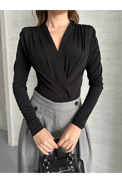 Enie Women's Black Sandy Fabric Padded Stretchy Bodysuit