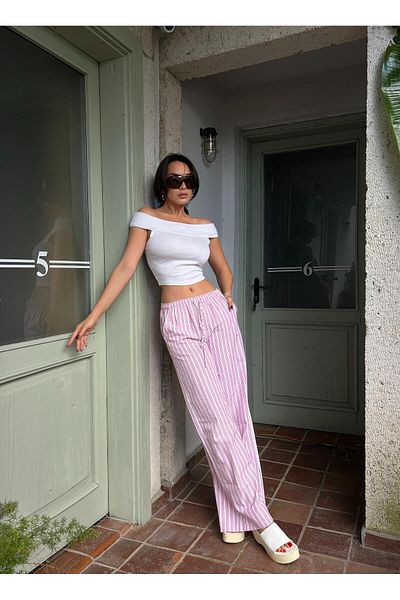 minaaise Women's Pink Striped Elastic Wide Cut Pants 29058