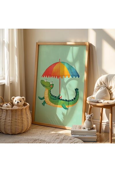 HİGUERA Umbrelă Crocodil Copii și Cameră Bebeluș Pictură de perete cu cadru din lemn