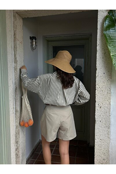 minaaise Γυναικείο βαμβακερό πουκάμισο με ρίγες χακί υπερμεγέθη με λεπτομέρεια τσέπης 29013