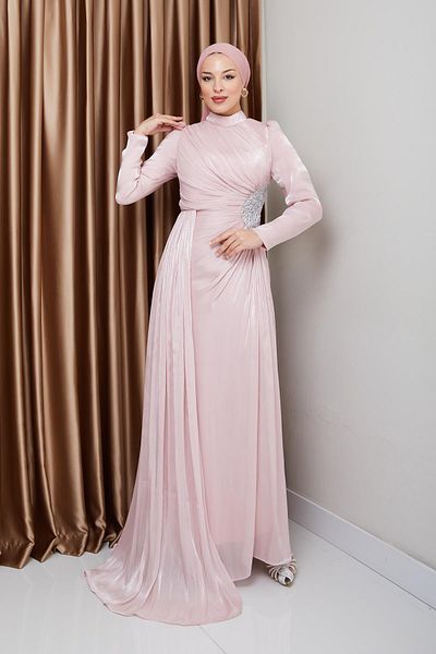Olcay Detailliertes Yoryo-Abendkleid aus Seide mit Steinen und Kordelzug – PUDRA 1233