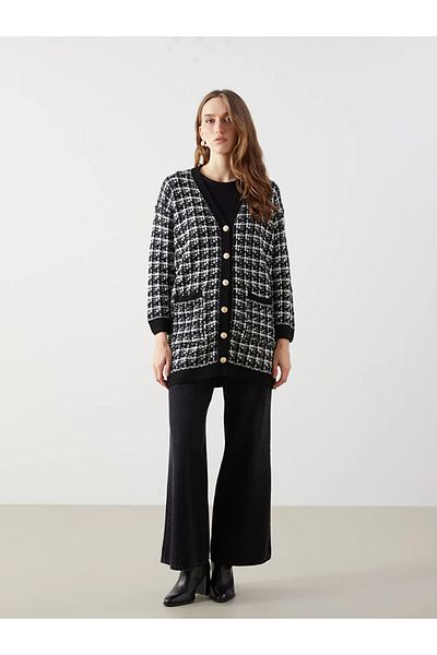LC Waikiki Lcwaikiki Classic Black V-Neck Patterned Women's Knitwear Cardigan