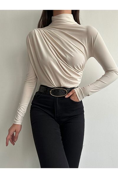 BEJNA Beige Sandy Bluse mit Stehkragen und Kordelzug für Damen