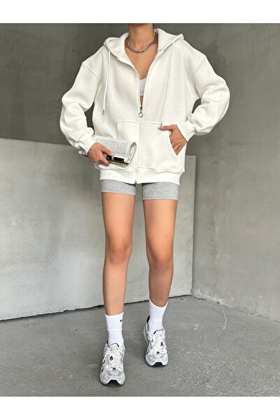 BEJNA Weißer Oversize-Sweat-Cardigan mit Reißverschluss für Damen