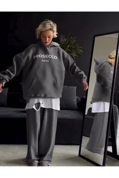 NO 601 Women's Dark Gray Prosecco Printed Oversize Hooded Sweatshirt