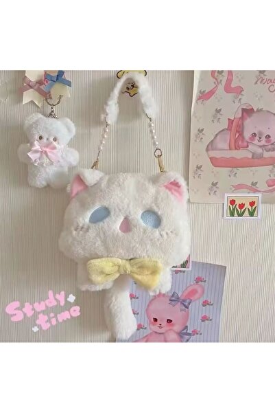 NETAVANTAJ Sevimli Kuyruklu Kedi Peluş Kol Çantası Beyaz Küçük Boy