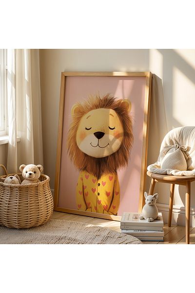 HİGUERA Lion în pijama cu inimă galbenă pentru camera copiilor și camera bebelușului pictură pe perete cu cadru din lemn
