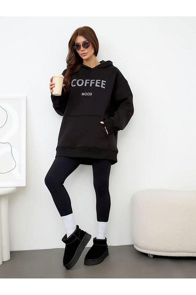 NO 601 Women's Black Coffee Mood Printed Oversize Hooded Sweatshirt
