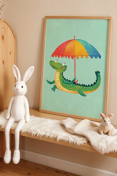 HİGUERA Umbrelă Crocodil Copii și Cameră Bebeluș Pictură de perete cu cadru din lemn