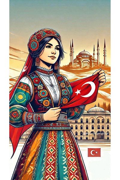 pixartsanat Woman with Turkish Flag Pixart Art Diamond Mosaic Painting 37X69