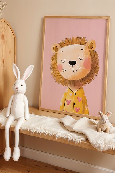 HİGUERA Lion în pijama cu inimă galbenă pentru camera copiilor și camera bebelușului pictură pe perete cu cadru din lemn