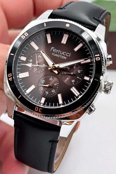 Ferrucci Black Leather Cord - Silver Case Men's Wristwatch - Bracelet Zmfer159