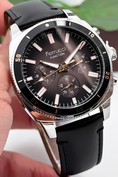 Ferrucci Siyah Renk Deri Kordon, Gümüş Renk Kasa, Function Erkek Kol Saati+Bileklik zmfer159