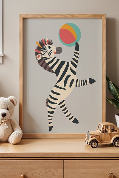 HİGUERA Zebra care joacă cu minge Pictură de perete pentru copii și bebeluși cu cadru din lemn