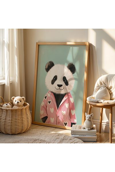 HİGUERA Panda în pijama roz Camera copiilor și camera bebelușului Pictură murală cu cadru din lemn