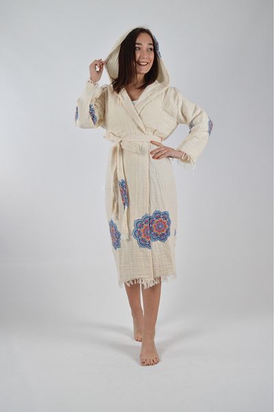 CASPARA Unisex Muslin Cotton Peshtemal - Bathrobe, Inside Ethnic Flower Patterned Beach Kimono Caftan