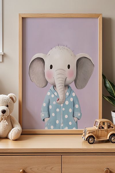 HİGUERA Pictură de perete cu cadru din lemn pentru camera copiilor și camera bebelușului elefant cu fundal liliac în pijamale