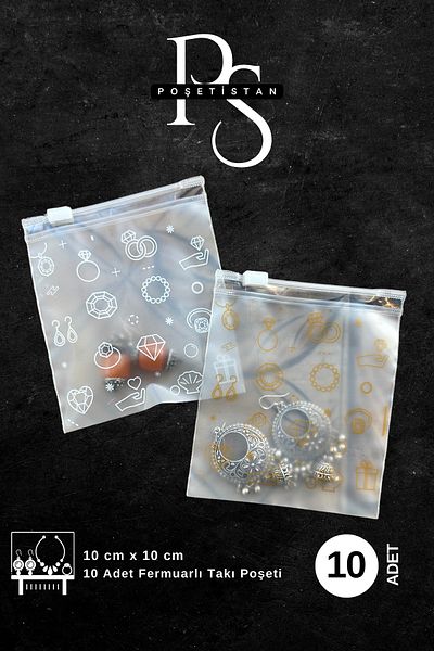 POŞETİSTAN Ready Printed Gold Color Zippered Lockable Jewelry Bag 10*10 (10 Pcs)