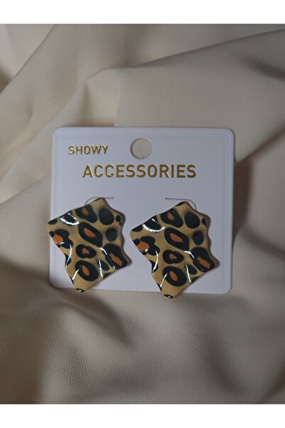 Avcıoğlu Aksesuar أقراط نسائية شبه منحرفة معدنية فوق الليزر أصفر نمط الفهد أق...