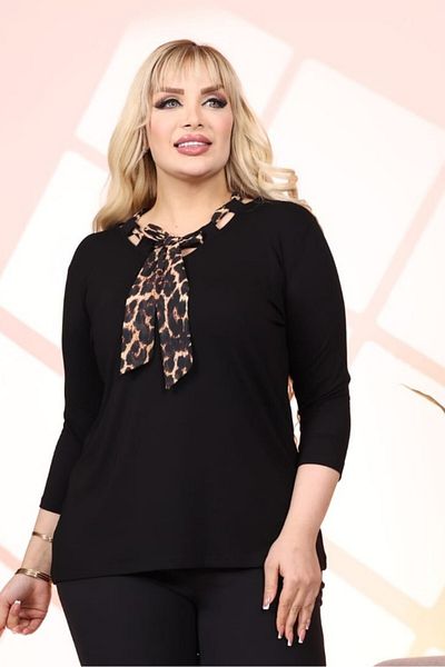 sinemisxxl Leopard Flared Lycra Black Plus Size Blouse