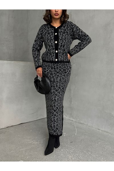 BEJNA Women's Leopard Pattern Skirt Knitwear Set