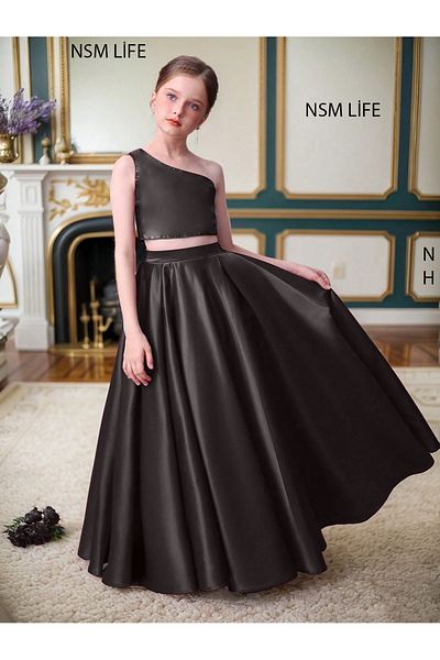 NSMLİFE Girl's Long Satin Skirt and Satin One Shoulder Crop Bustier Evening Dress Suit Model