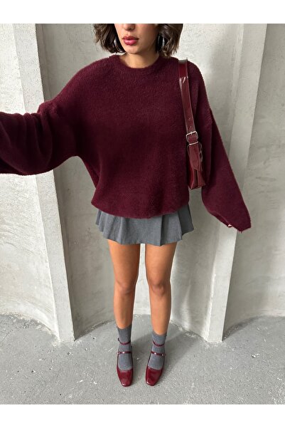BEJNA Women's Burgundy Crew Neck Oversize Soft Knit Sweater
