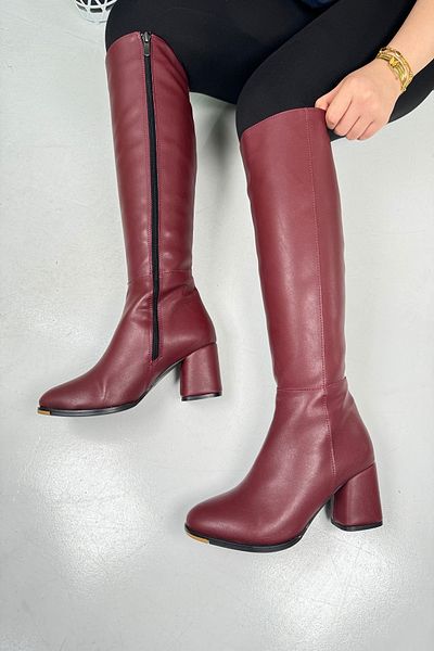 İmerShoes Cizme confortabile de damă cu toc gros și înalt cu vârf oval roșu Claret 3001 - cu fermoar