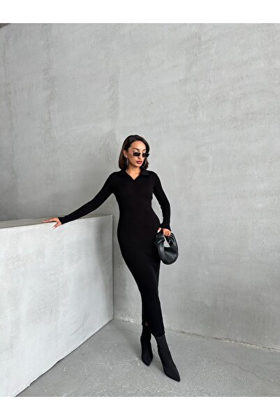 BEJNA Жіноча сукня максі-трико з коміром поло чорного кольору