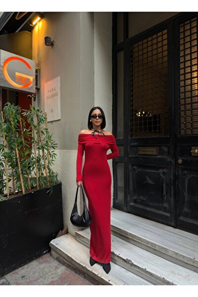 BEJNA Women's Red Madonna Collar Stretchy Long Dress