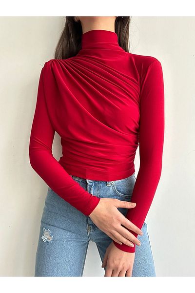 BEJNA Women's Red Drawstring Detailed Stand Collar Sandy Blouse