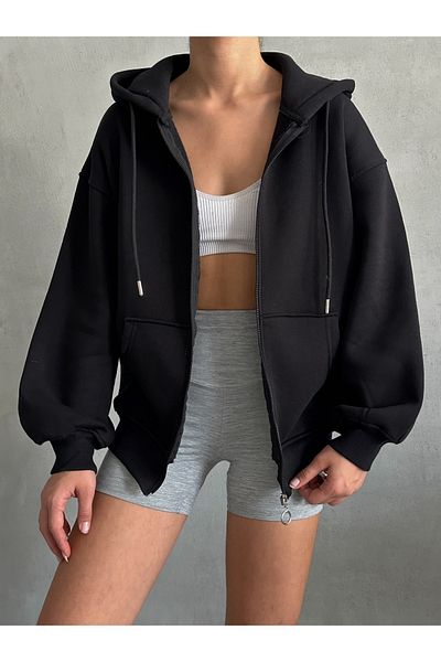 BEJNA Schwarzer Oversize-Sweat-Cardigan mit Reißverschluss für Damen