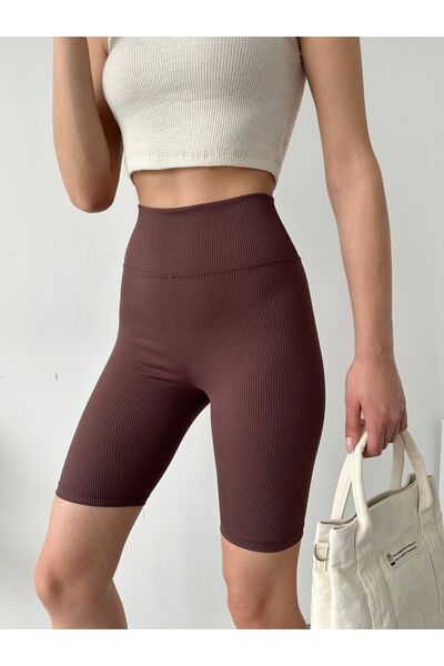 BEJNA Women's Brown High Waist Ribbed Short Sports Leggings