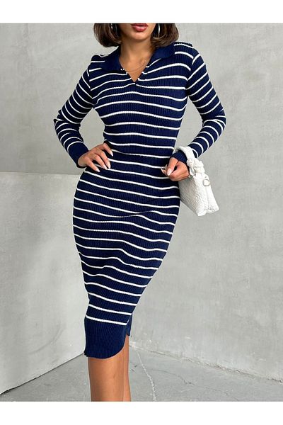 BEJNA Marineblau gestreiftes Midi-Strickkleid für Damen – Polokragen