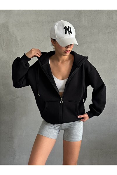 BEJNA Women's Black Zippered Oversize Sweat Cardigan