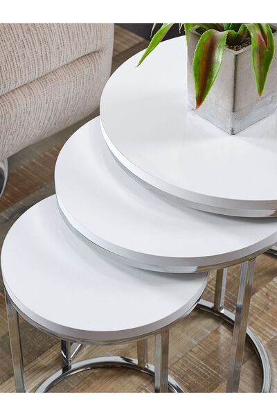 SEDAŞ LIVING UNITS 3'lü Tam Beyaz Ahşap (SUNTALAM) Gümüş Metal C Ayak Zigon S...