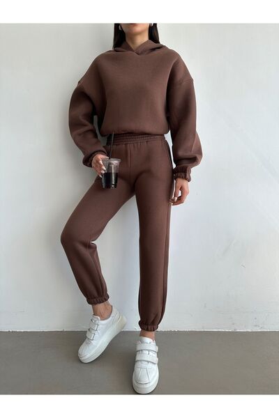 BEJNA Women's Brown Cotton Basic Tracksuit Set with Fleece Inside