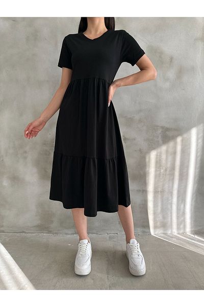 BEJNA Schwarzes Sommerkleid mit V-Ausschnitt und lässiger Passform für Damen
