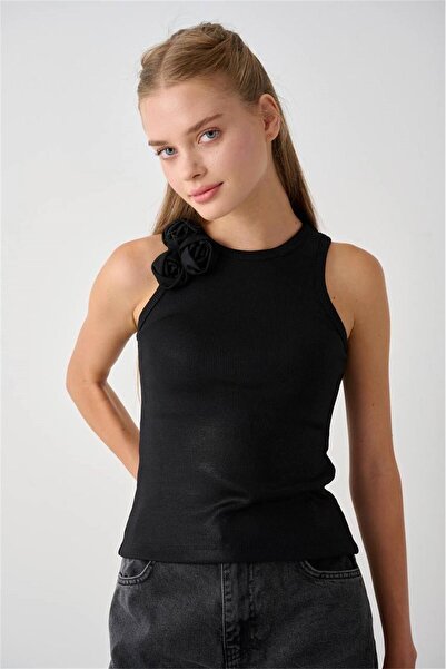 LOCO LOCO Camisole pentru fetiță cu trandafiri pe umeri Negru 7397