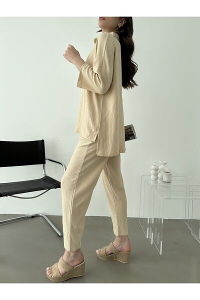 BEJNA Γυναικείο διπλό σετ παντελόνι με λαιμόκοψη γυναικείο μπεζ