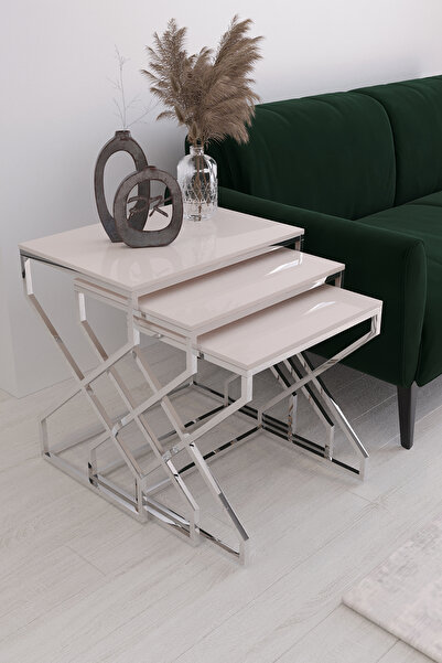 Puklife Alya 3'lü Kare Zigon Sehpa Seti Gümüş Ayak, Krem Mdf