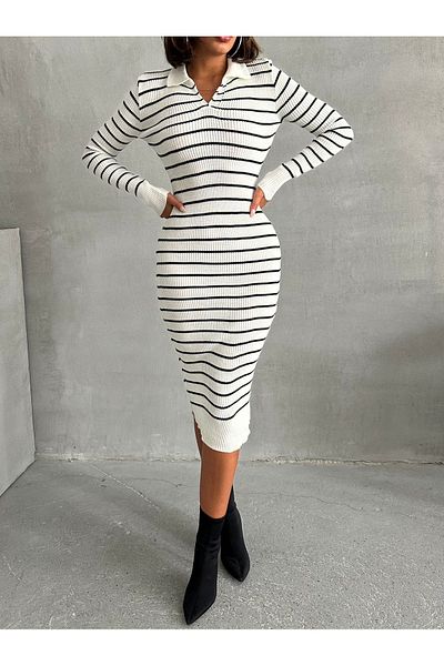 BEJNA Weiß gestreiftes Midi-Strickkleid mit Polokragen für Damen