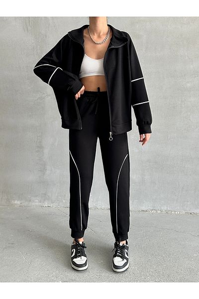 BEJNA Women's Black Modal Textured Piping Detailed Soft Touch Suit